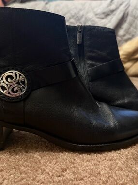 Brighton Black Leather Ankle Booties with Silver Medallion
